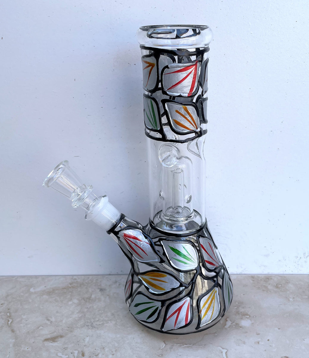 Colorful Leaf Design Thick Glass 8 Beaker Bong with Shower Dome Perc