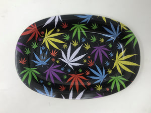 Oval Metal Tray 8"x 6" with Colorful Marijuana Leaves