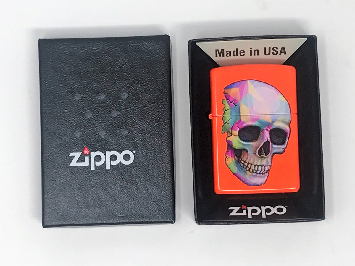 Zippo Lighter - Neon Orange with Multi Color Skull Design - Great for