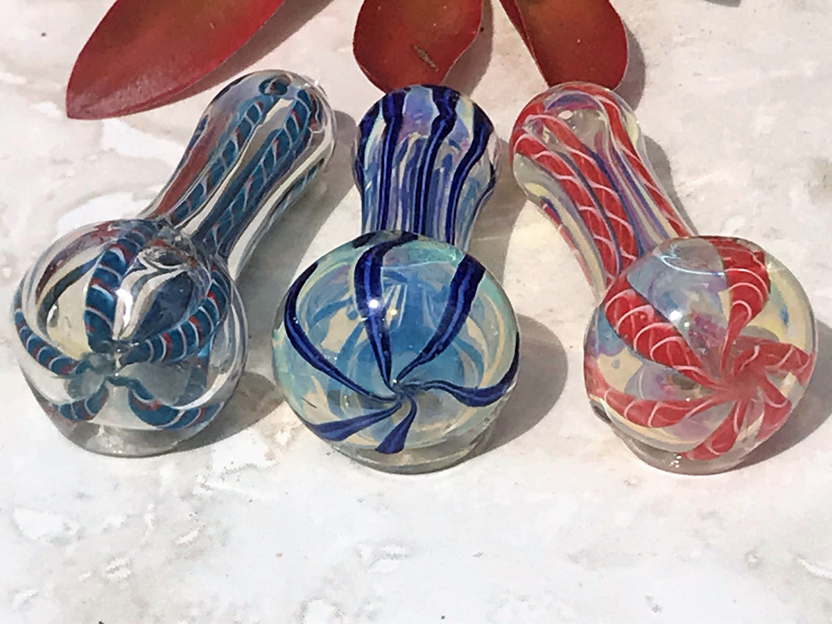 New 3 Fumed Dicro Stripe Glass Handmade Spoon Pipe - Assorted Colors(