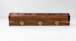 OM Brass Inlay Design - Wooden Coffin Incense Burner for Incense Sticks and Cones