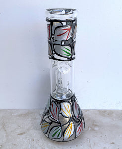 Colorful Leaf Design Thick Glass 8" Beaker Bong with Shower Dome Perc