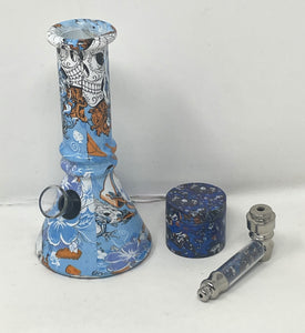 Collectible 6" Beaker Bong Grinder, Metal Hand Pipe Skull Derby Rules Design Set