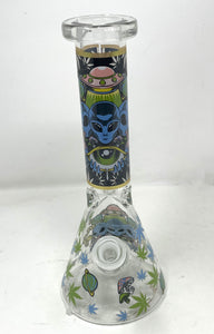 Thick Glass 10" Beaker Bong with Alien & Marijuana Leaf Design