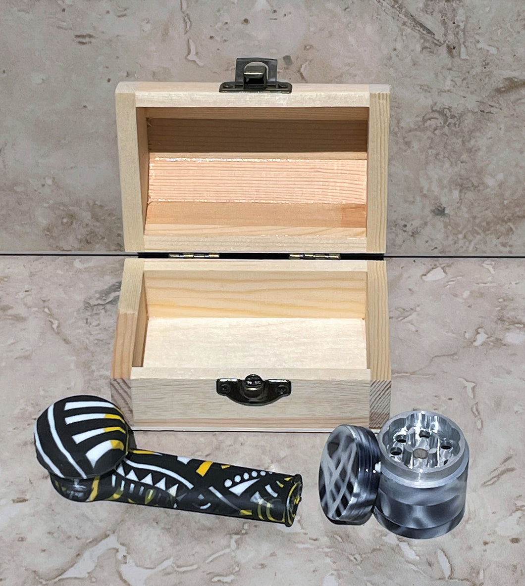 Mini Wood Stash Box with 3.5  Silicone Hand Pipe w/lid, 4 part metal