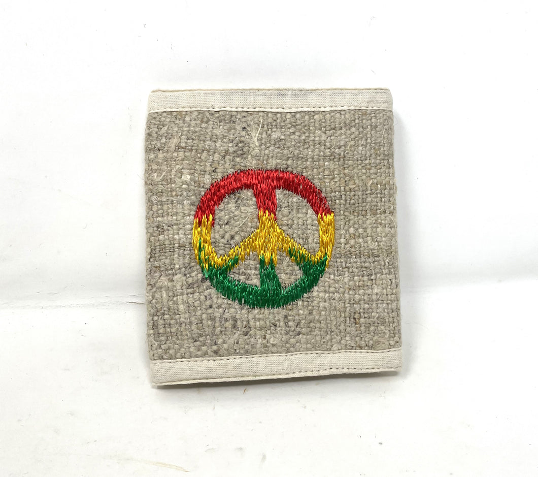 Organic Pure Hemp Handmade Trifold Wallet - Embroidered Rasta Color Peace Out!