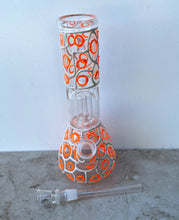 Thick Glass 8" Beaker Dome Shower Perc with White & Orange Design