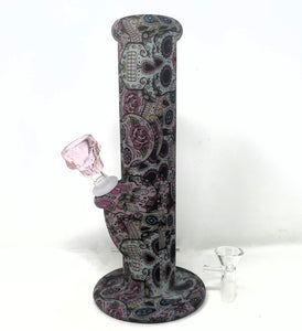 10" Straight Glow in the dark Silicone Bong with Pink glass Skull Bowl
