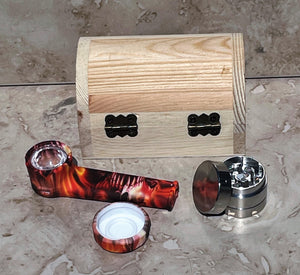 Mini Wood Stash Box with 3.5 " Silicone Hand Pipe w/lid, 3 part metal grinder