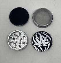 4 Part 2" Metal Herb Grinder (Black) with Silver Marijuana Leaf Design