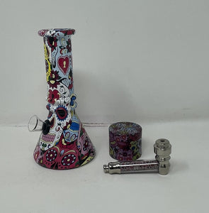 Collectible 6" Beaker Bong, Grinder, Metal Hand Pipe Day of the Dead Set