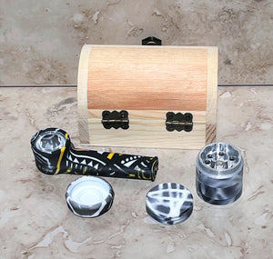 Mini Wood Stash Box with 3.5 " Silicone Hand Pipe w/lid, 4 part metal grinder