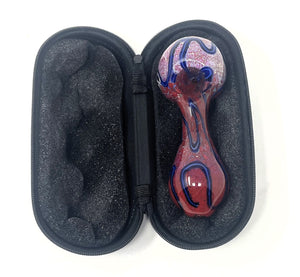 Awesome 4.5" Handmade Thick Glass Hand Pipe w/ Zipper Padded Hard Case - Red Marble w/Blue Accents