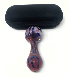 Awesome 4.5" Handmade Thick Glass Hand Pipe w/ Zipper Padded Hard Case - Red Marble w/Blue Accents