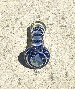 Best! 3.5" Spoon Hand Pipe in Fumed Glass w/Padded Zip Pouch - Blue & Yellow Twist