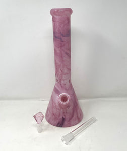 Pretty Pink Thick Glass 14" Beaker Bong Marble Design with Bowl