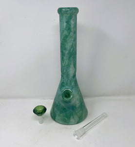 Thick Glass 14" Beaker Bong Green Marble Design with Green Diamond Bowl