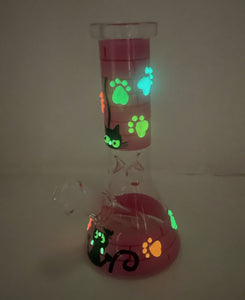 Cute Cat & Paws Glow in the dark Design Thick Glass 8" Beaker Bong