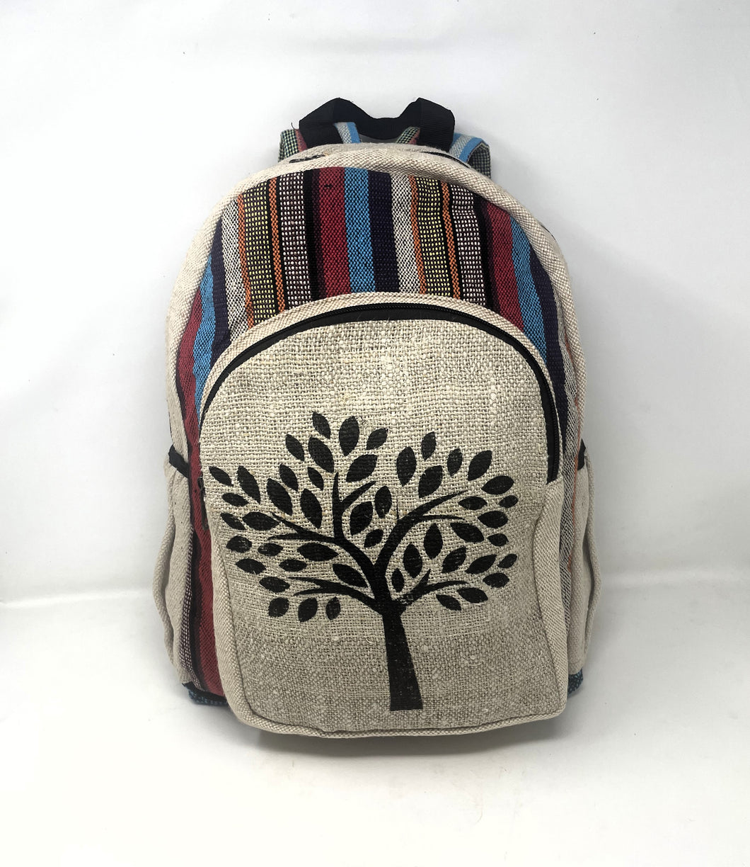 Beautiful Colorful Strip Large Pure Hemp Multi Pocket Backpack with Tree of Life Deign