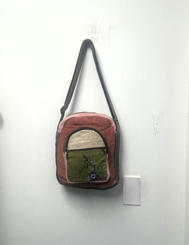 Multi Pocket Crossbody Bag Purse Made From Pure Hemp with embroidered flower
