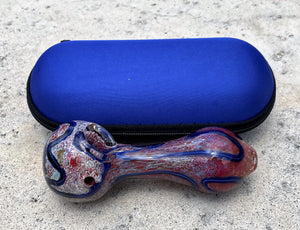 Awesome 4.5" Handmade Thick Glass Hand Pipe w/ Zipper Padded Hard Case - Red Marble w/Blue Accents
