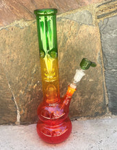 12" Double Perc, Thick Glass Water Bong w/Ice Catcher, Bowl w/Screen Built in - Rasta Green, Yellow & Red