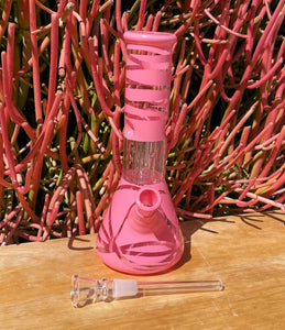 8" Glass Beaker Bong Dome Perc Ice Catchers Slide in stem w/Bowl Pink Design