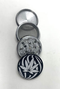 4 Part 2" Metal Herb Grinder (Black) with Silver Marijuana Leaf Design