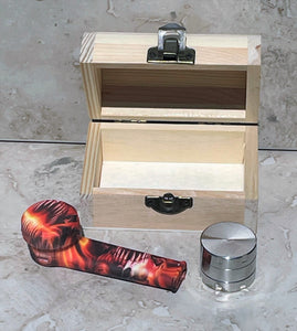 Mini Wood Stash Box with 3.5 " Silicone Hand Pipe w/lid, 3 part metal grinder