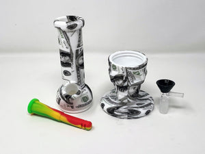 8" Thick Silicone Detachable Unbreakable Skull Bong w/Paper Money Graphics