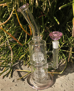 Best 11" Thick Glass Double Shower & Dome Perc Rig & Pink Glass Diamond Bowl - Bubble Gum