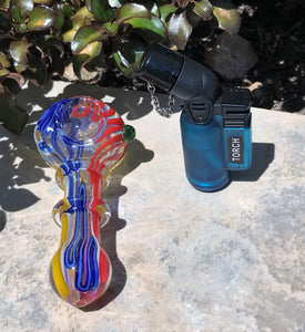 Best 4" Thick Fumed Glass, Tobacco Spoon Hand Pipe & Double Jet Torch Lighter