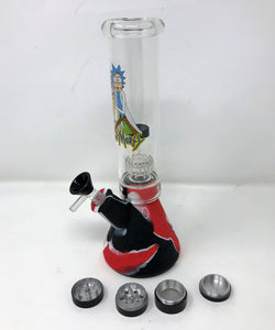 Silicone Detachable Beaker 10" Bong Rick & Morty Design on Glass Bowl & Grinder