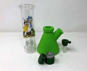 Collectible 10" Green Silicone & Glass Beaker Bong Shower Perc in Rick & Morty Design