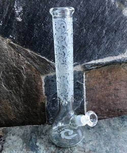 16" Beautiful, Etched Fleur de Lis Design on Thick Glass Beaker Bong w/14mm Clear Diamond Bowl