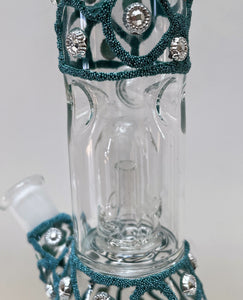 Fancy 8" Thick Glass Best Beaker Bong Dome Perc - Teal Design & Sparkle