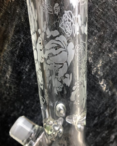 16" Glass House - Thick Heavy Glass Beaker Bong w/Etched Roses Design & Diamond Shaped Bowl
