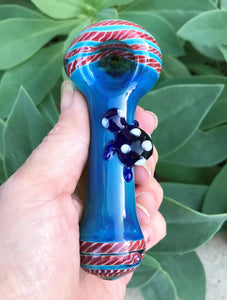 4" Thick Glass Spoon Hand Pipe Dicro Red & Royal with Turtle Design