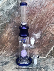 Best 13" Thick Glass Water Rig with Fritted Disc Perc, Quartz Banger, 18mm Male Slide Bowl & Ice Catcher + Extras - Cobalt & Purp