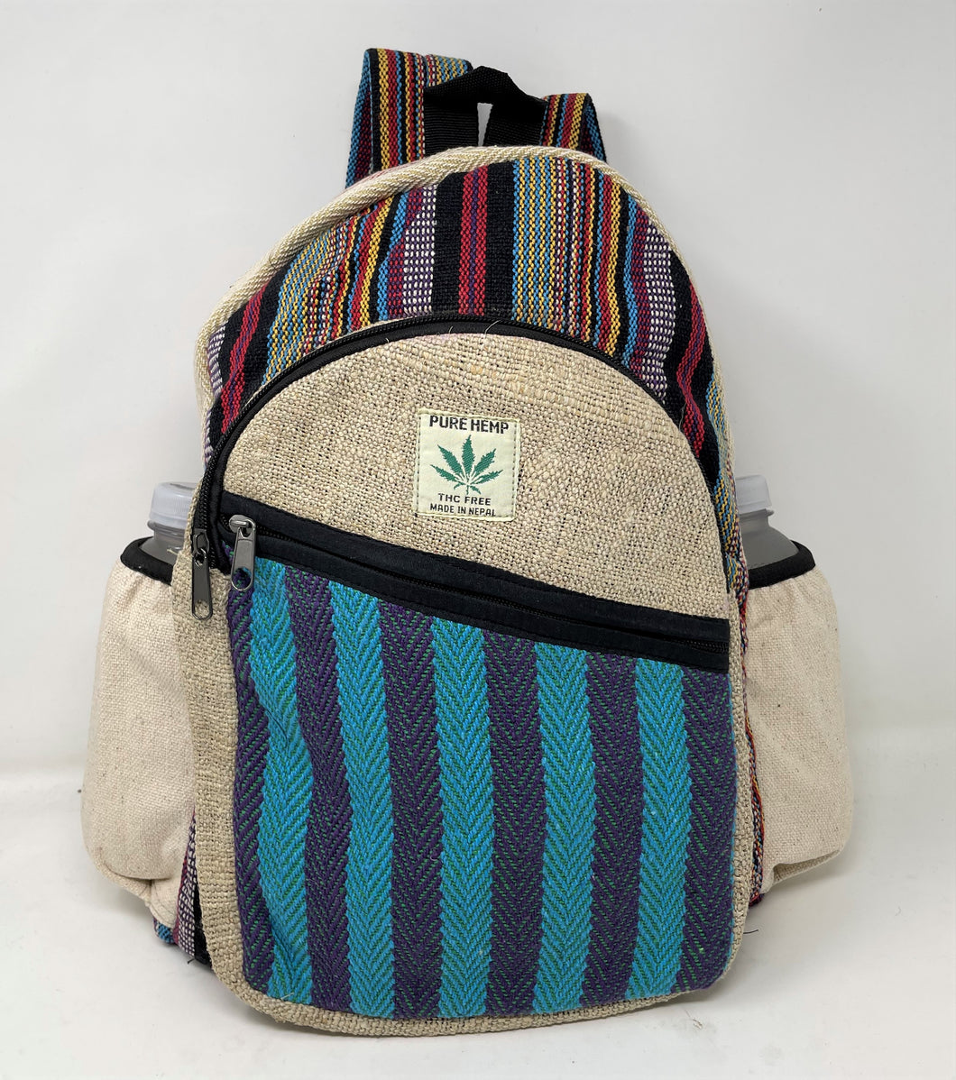 All Natural Handmade Multi Pocket Hemp Laptop Backpack - Multi Color Madras Stripes