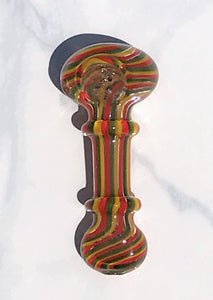 4" Thick Glass Spoon/Hand Pipe Herb Bowl - Gold, Green, Red Swirl