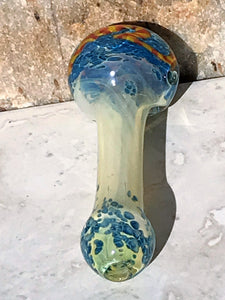 New! 4" Fumed Handmade Glass Spoon Hand Pipe in White & Blue accents - Design can vary