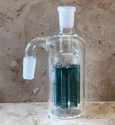 90 Degree 14mm Male Thick Glass Ash Catcher, 6 arm, Green Tree Perc