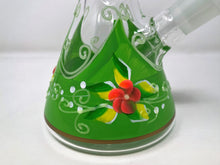 8.5" Hand Painted Flora Design & Glow in the Dark Beaker Bong - Green w/Orange Flowers