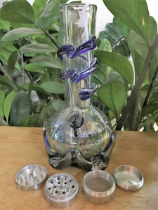 Shimmering! 9" Quality Soft Glass Water Bong Slide in Stem w/Bowl & 4 Part Grinder - Mystery Tour