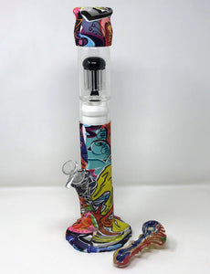 15" Silicone Detachable Bong, 8 Arm Tree Perc w/Cool Graphic Design & 4" Hand Pipe