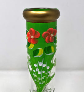 8.5" Hand Painted Flora Design & Glow in the Dark Beaker Bong - Green w/Orange Flowers