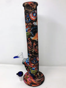 Thick Silicone 14" Straight Bong Super Heroes Graphic 2 14mm Male Slide Bowls