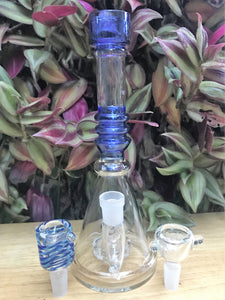 9" Quality Glass Beaker Shower Rig 2 Glass Herb Bowls - Blue Crystal