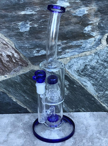 13" Thick Glass Rig Double Shower & Dome Perc w/14mm Male Bowl - Azure Blue